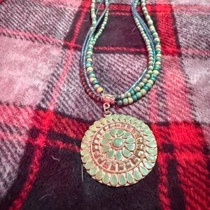 Green Medallion Necklace with Beaded Strand